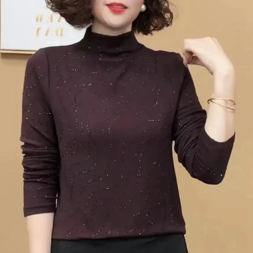 2024新款秋冬长袖半高领烫钻妈妈装保暖T恤显瘦时尚女士打底衫