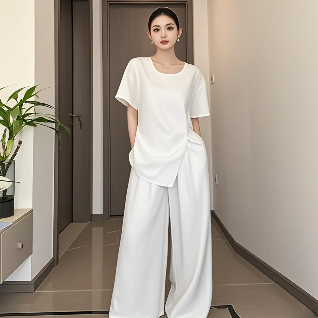 大码休闲时尚赫本套装女夏季胖mm显瘦高级感T恤上衣阔腿裤两件套