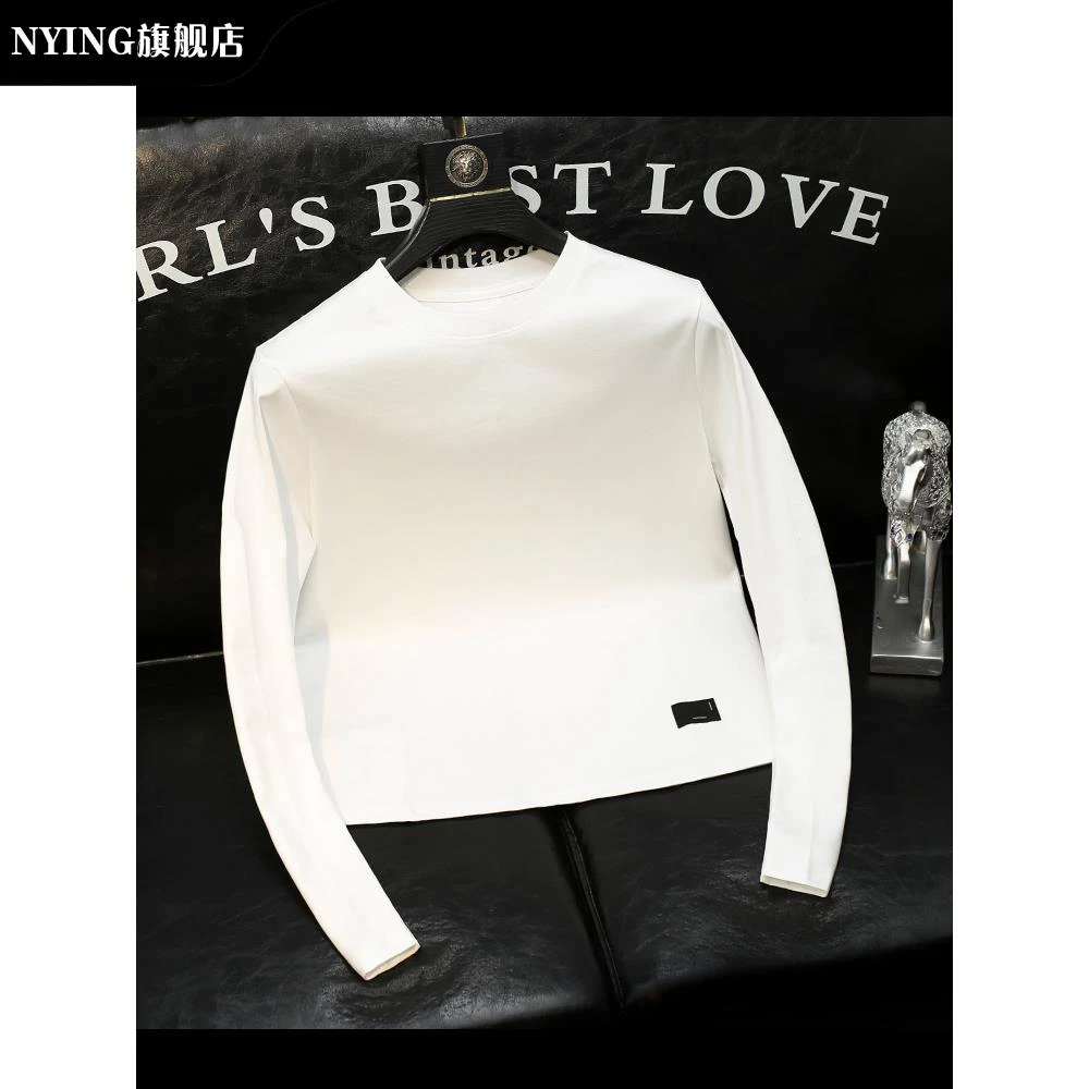 NYING白色长袖T恤男士青年简约设计感休闲新款高级感内搭舒适上衣
