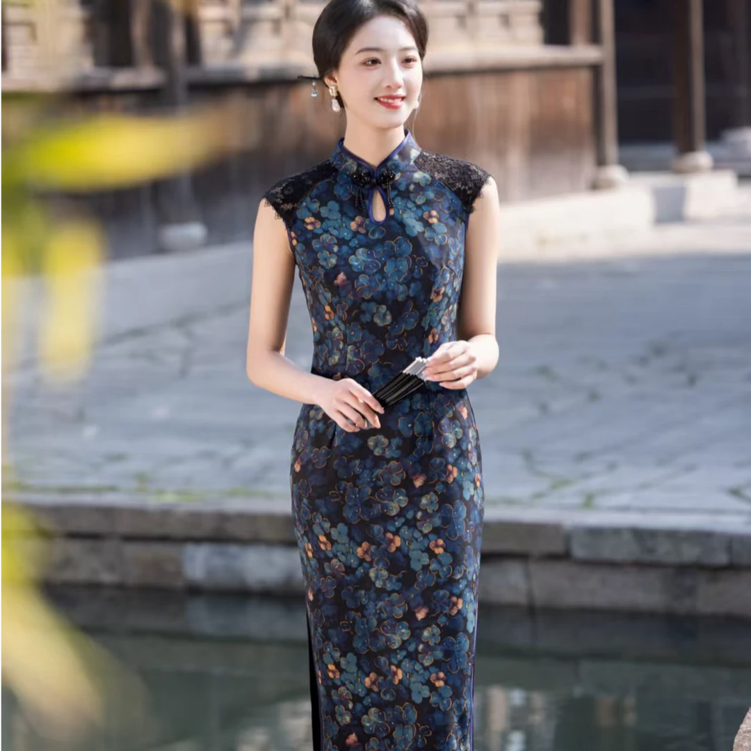 瓷萱【沁蓝】夏季改良旗袍拼接复古修身显瘦中式无袖开叉国风气质