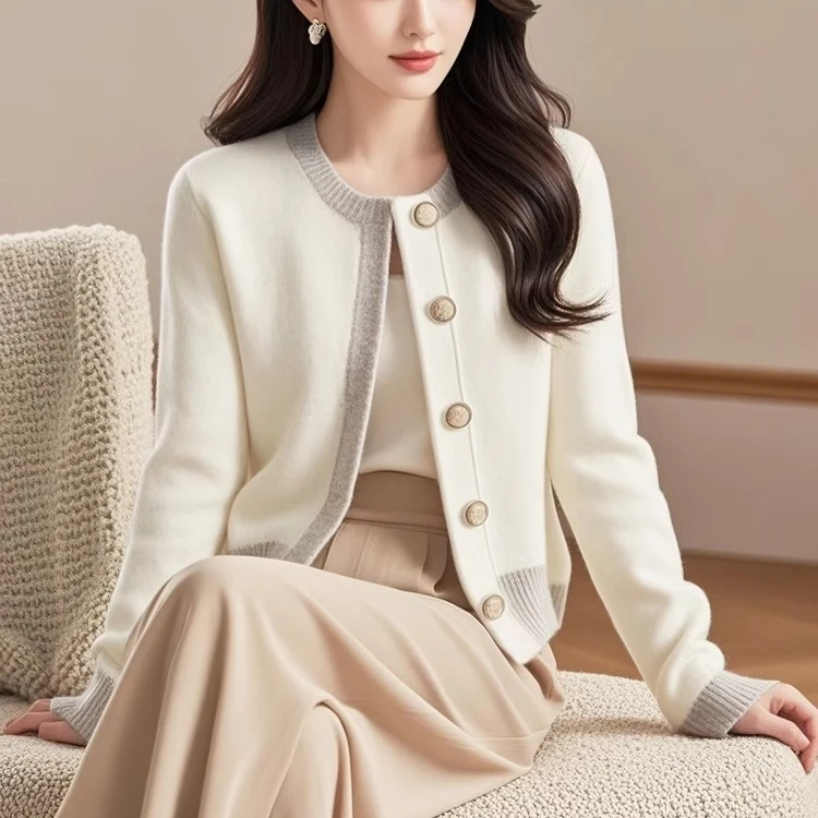 小香风拼色百搭毛衣外套女2025春秋新款韩版洋气减龄软糯开衫上衣