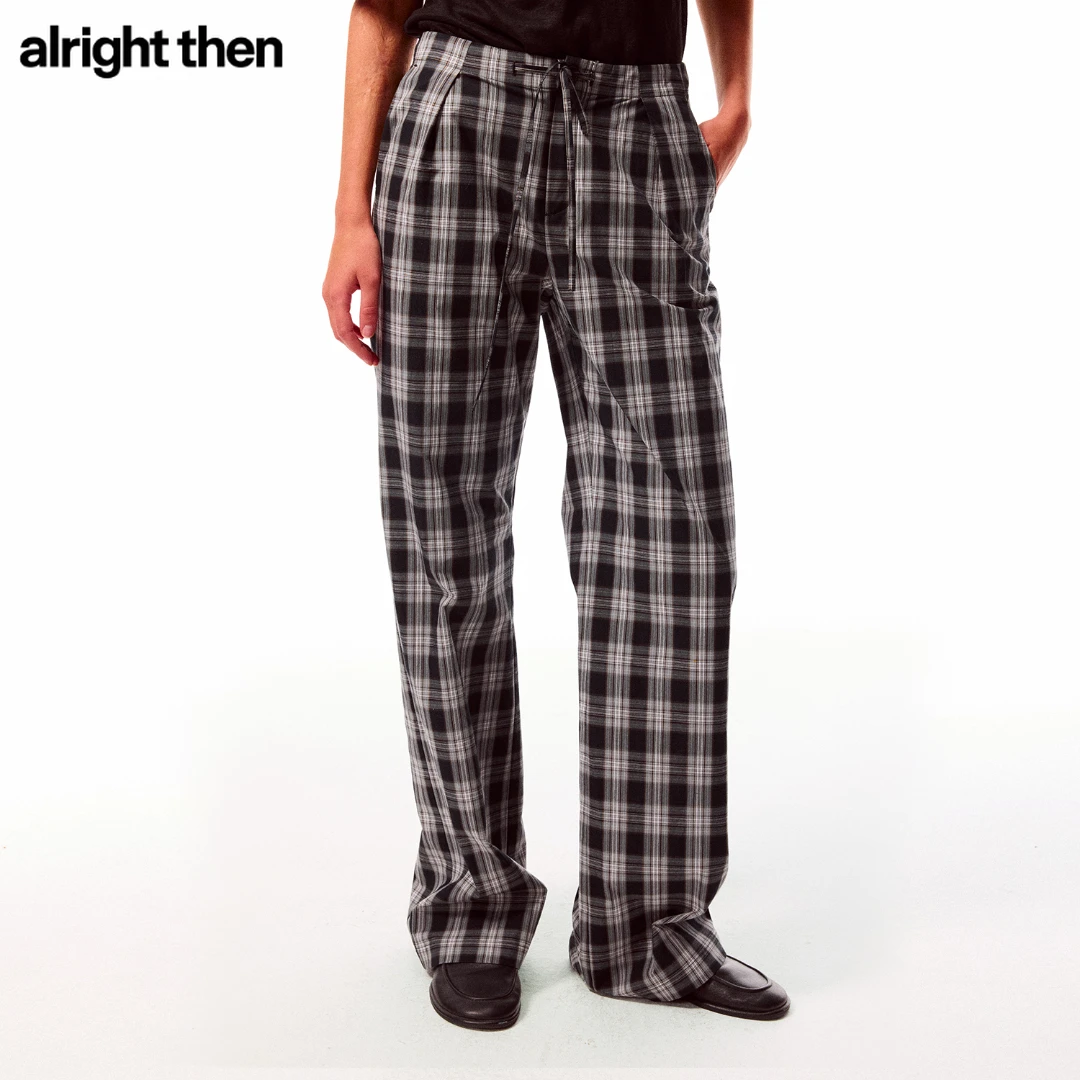 alright then灰色格纹100%棉宽松插袋微低腰抽绳阔腿休闲长裤