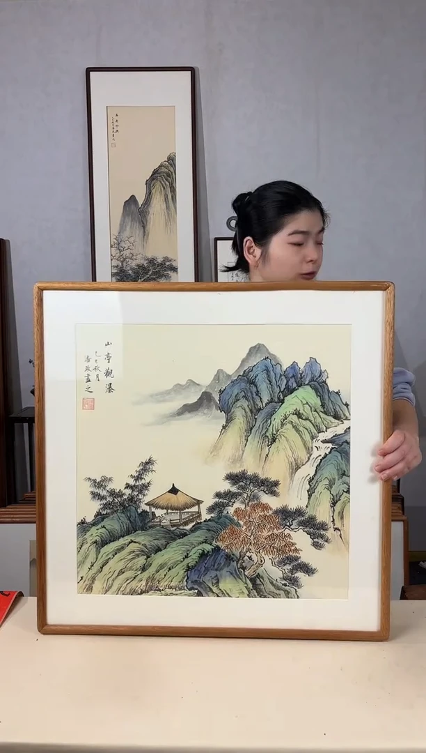 国画手绘*山亭观瀑*62*62cm实木框