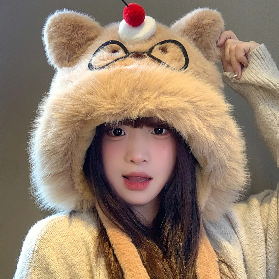 可爱蛋糕眼镜小熊毛绒帽子女秋冬加绒加厚保暖骑车防寒护耳雷锋帽