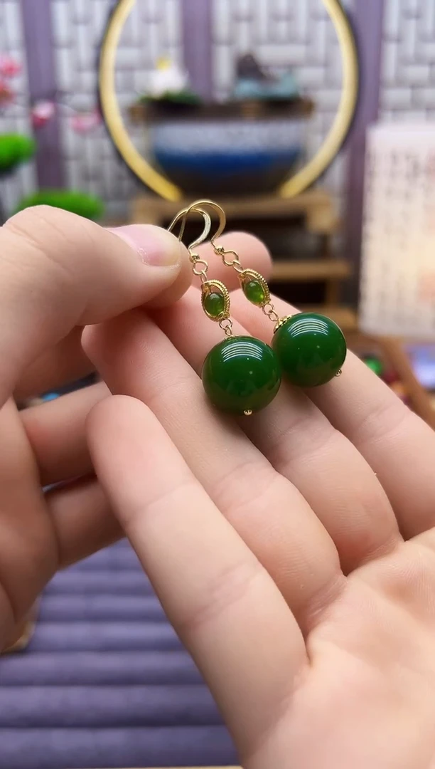 和田玉14K金镶嵌耳饰E434