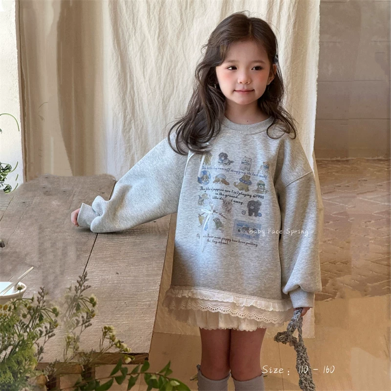 尚品琳12女童中长款甜美蕾丝花边卡通卫衣儿童时髦洋气休闲上衣
