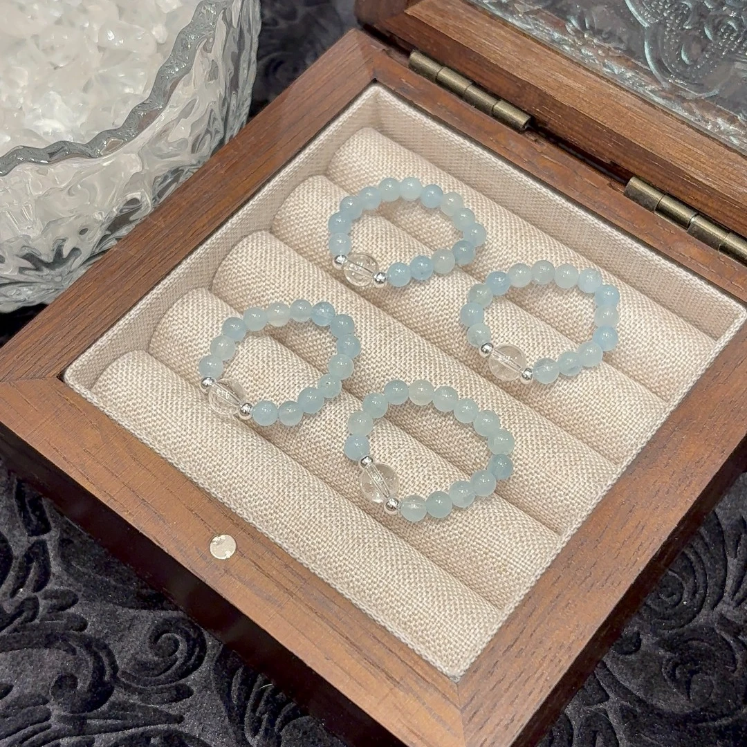 【海洋之音】天然水晶串珠戒指海蓝宝串珠戒指指环新年穿搭203