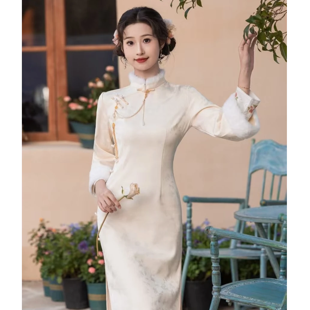 【暗香】米白提花加绒旗袍新中式2024年女秋冬季新款连衣裙订婚3762