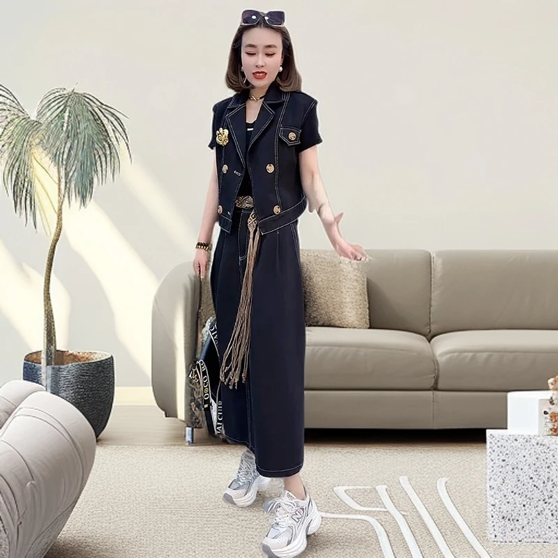 2025夏季爆款时尚洋气牛仔山茶花马甲搭配牛仔裙收腰显瘦减龄套装