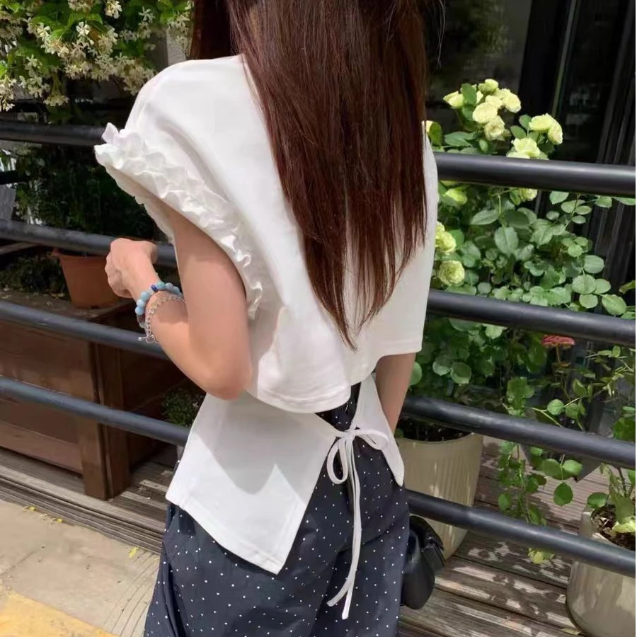 （柚子同款）GL夏季花边飞袖后系绳褶皱侧开叉T恤9806