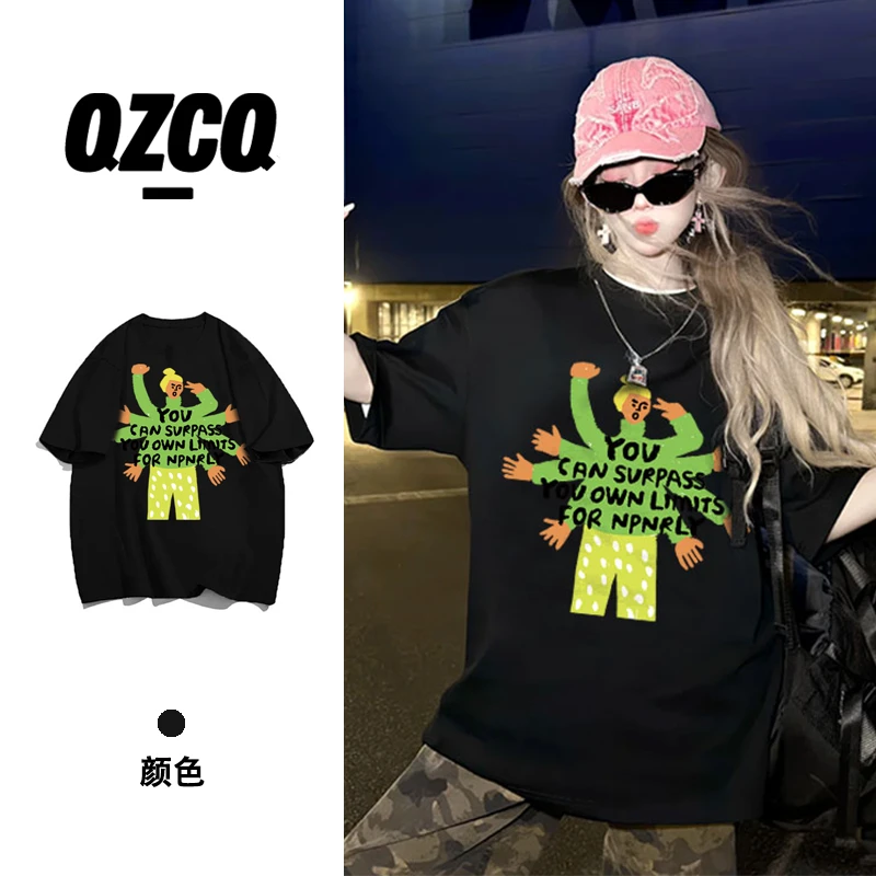 QZCQ美式复古小众休闲宽松百搭夏季短袖T恤慵懒设计潮上衣圆领女