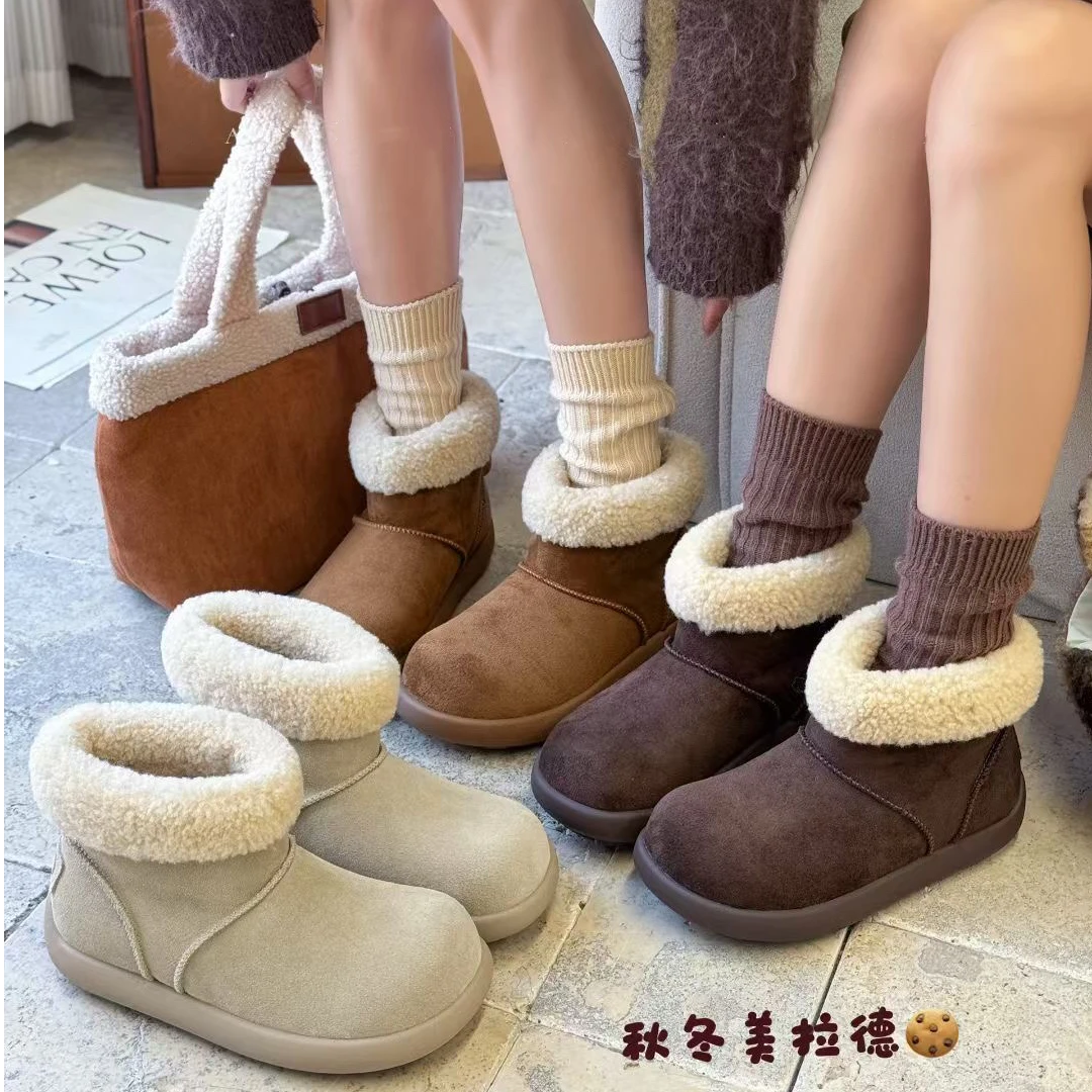 复古美拉德色系加绒防滑雪地靴女2025冬季新款圆头软平底雪地靴