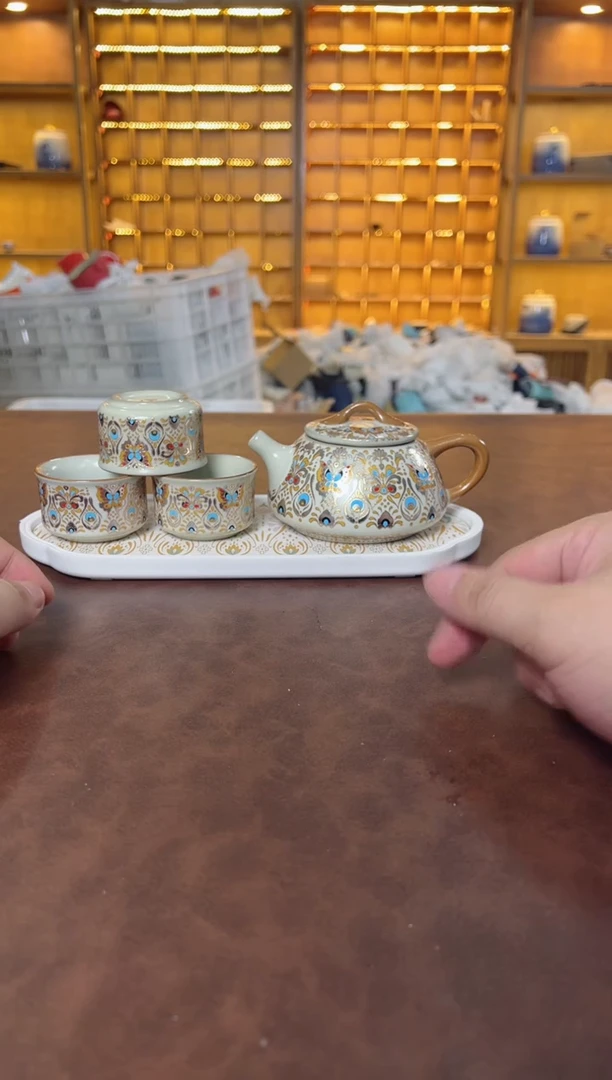 瓷片鸣盏居11111金银错石瓢壶+3杯+茶盘