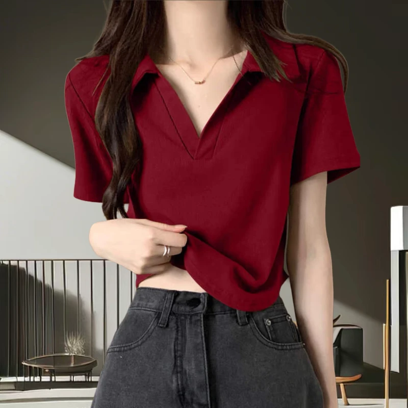 Fjwldy夏季大码休闲翻领短款上衣酒红色polo领宽松显瘦短袖T恤女