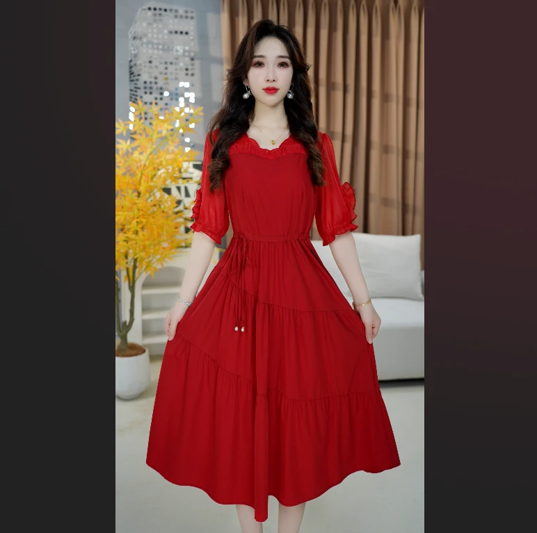 时尚洋气收腰连衣裙夏季高腰显瘦泡泡袖裙子不规则领型 25A38