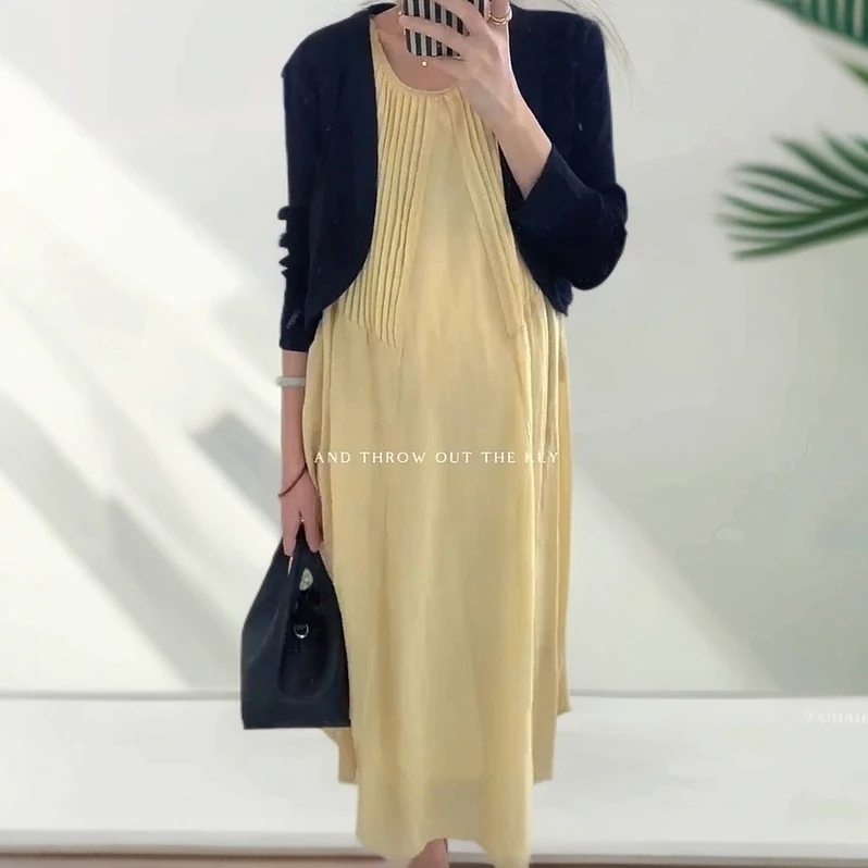 时髦孕妇2025新款春夏柠檬黄显白小灯泡背心裙开衫洋气显瘦连衣裙