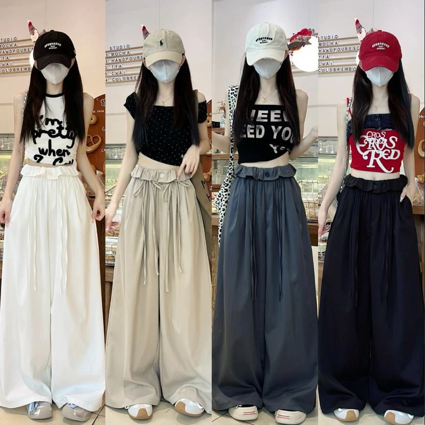 曼曼｜2025秋季新款翻边芭蕾阔腿裤女花边高腰设计感宽松显瘦