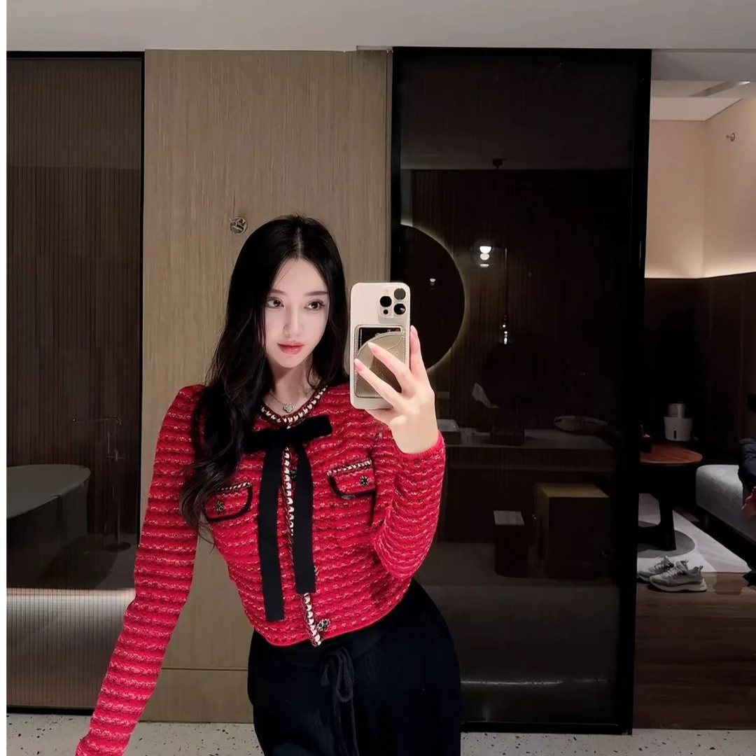 <猪猪出品>2025上新小香风红色法式编织蝴蝶结设计师名媛针织开衫