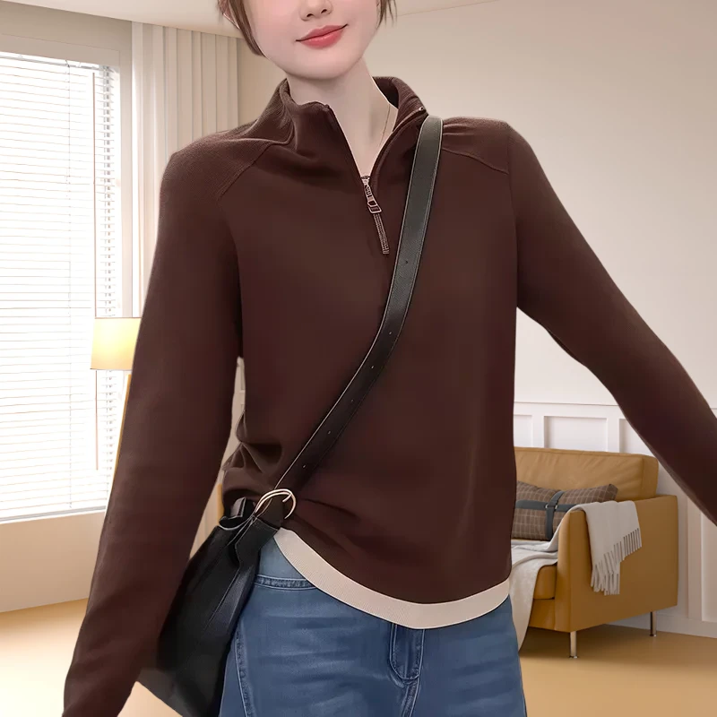 新款清冷系禅意衣服女拉链半开领打底衫拼接长袖时尚T恤秋冬季