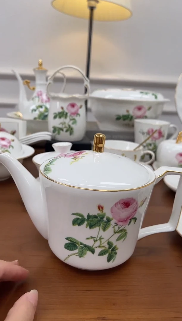 瓷片玫瑰高骨骨瓷茶壶