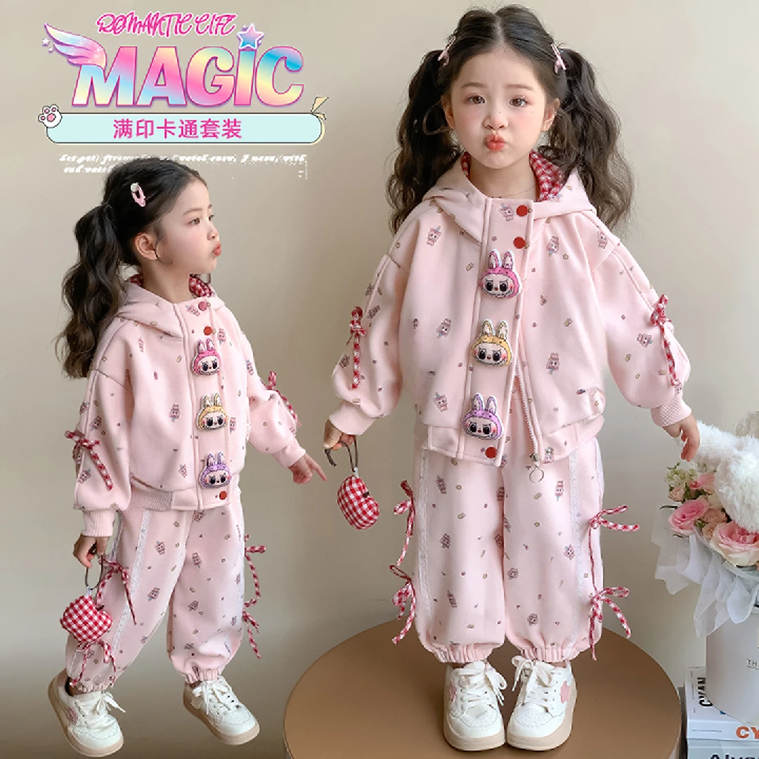 秋季新款玩偶满印卫衣套装儿童韩版拉链两件套儿童秋款童装