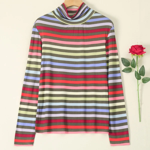 LANZIBES/蓝之蓓女士真丝高领长袖打底上衣时尚印花套头T恤C7749