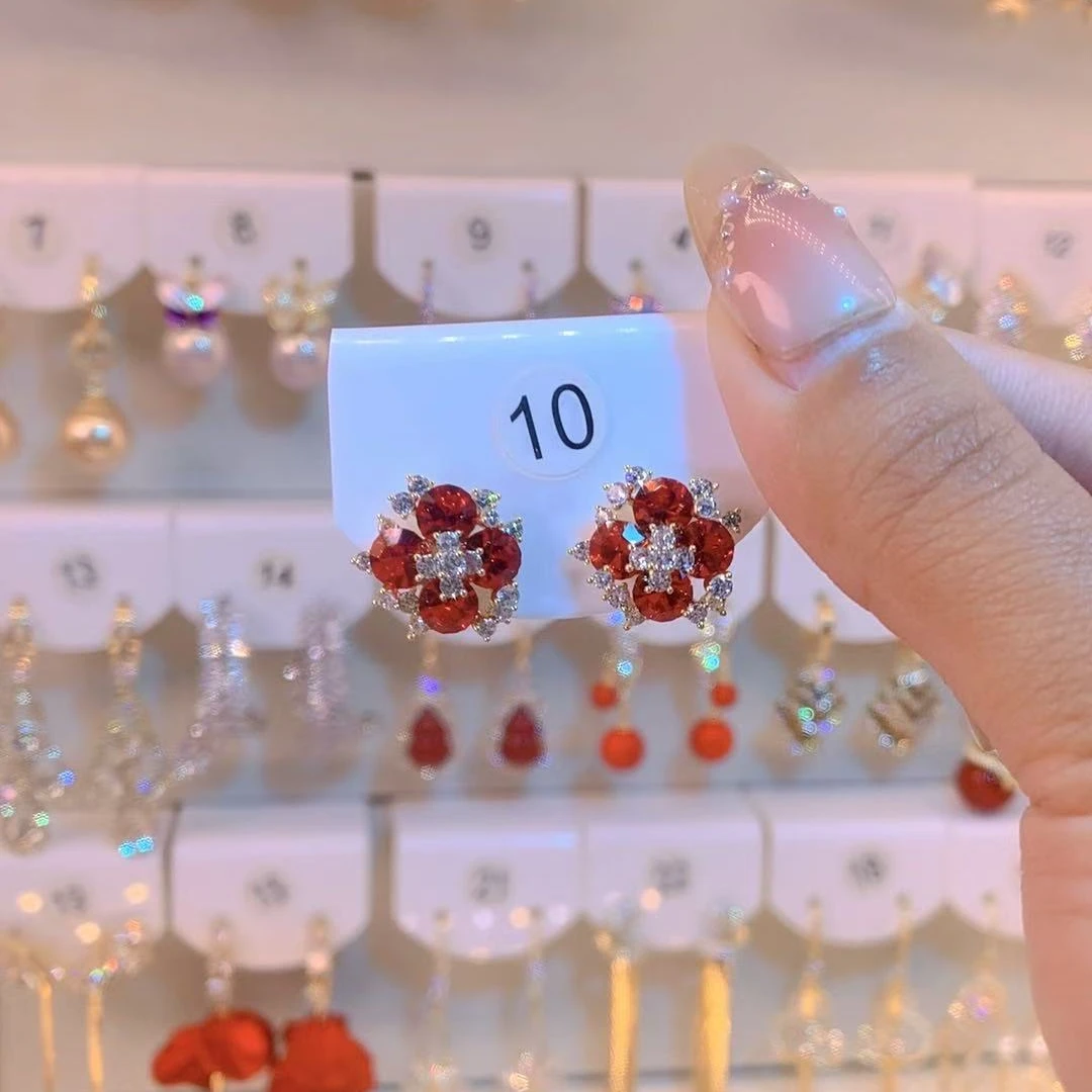 铜合金合成锆石耳饰 1010精美时尚简约百搭红色花花女士女式耳钉