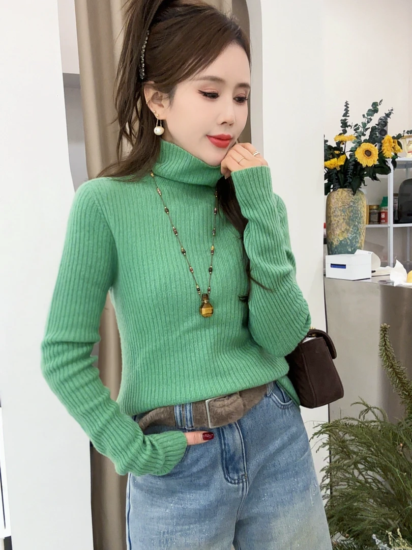 恰逢景梅子自留款冬款显瘦加厚纯色竖坑条高领女士绵羊毛毛衣打底