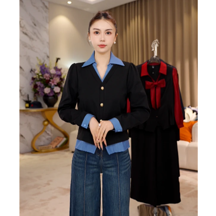 G7237假两件拼接衬衫秋装女2025新款高级感时尚洋气小个子上衣