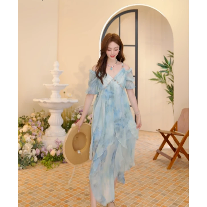 妖精的口袋蓝色渐变法式浪漫连衣裙女2025年夏季新款气质裙仙女裙