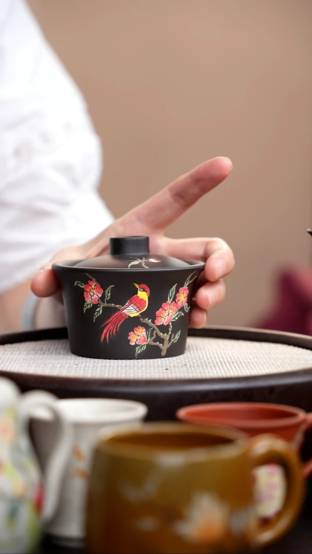 茶壶紫砂云雾天青盖碗泥绘红花鸟