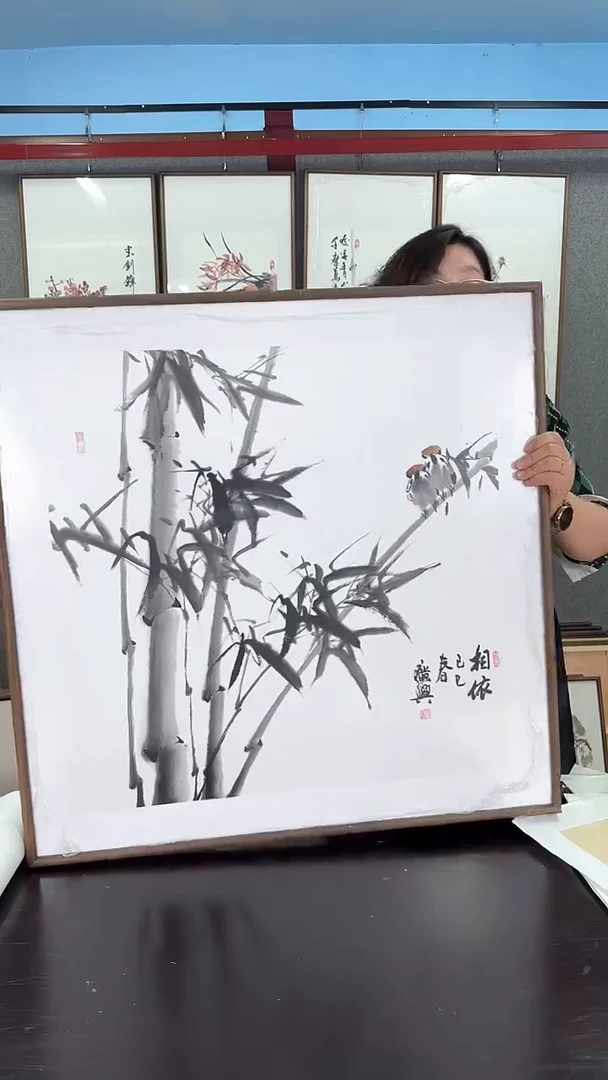 国画实木装裱83*83 竹子麻雀