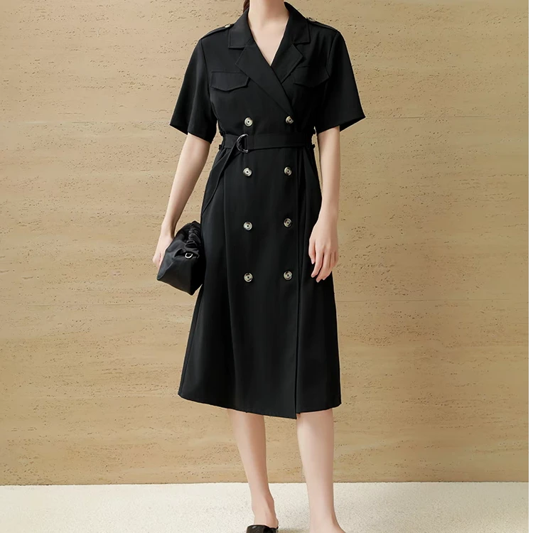 西装领短袖连衣裙夏季2025新款收腰通勤中长款小黑裙西装裙显瘦