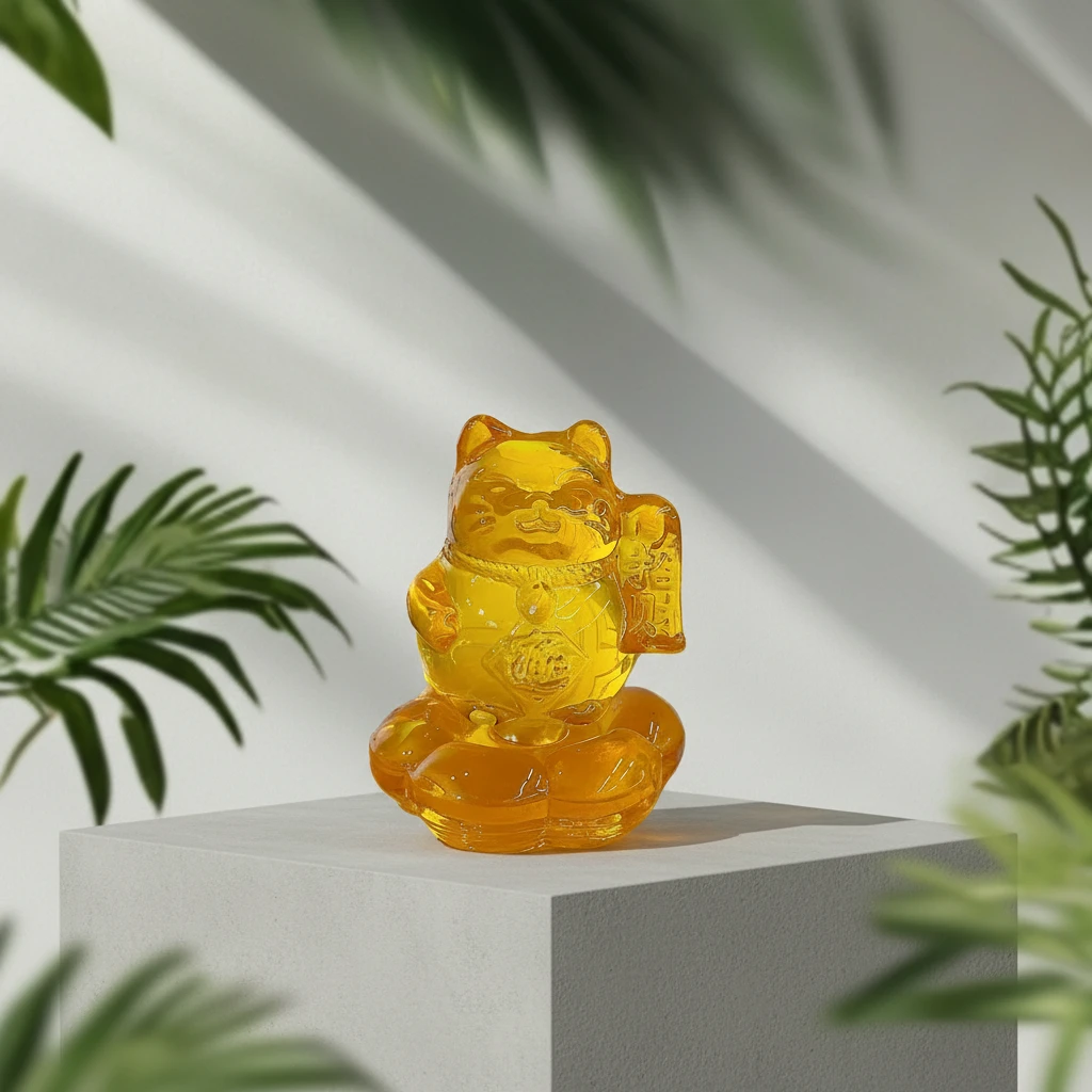 黄色水晶招财猫手工琉璃桌面摆件