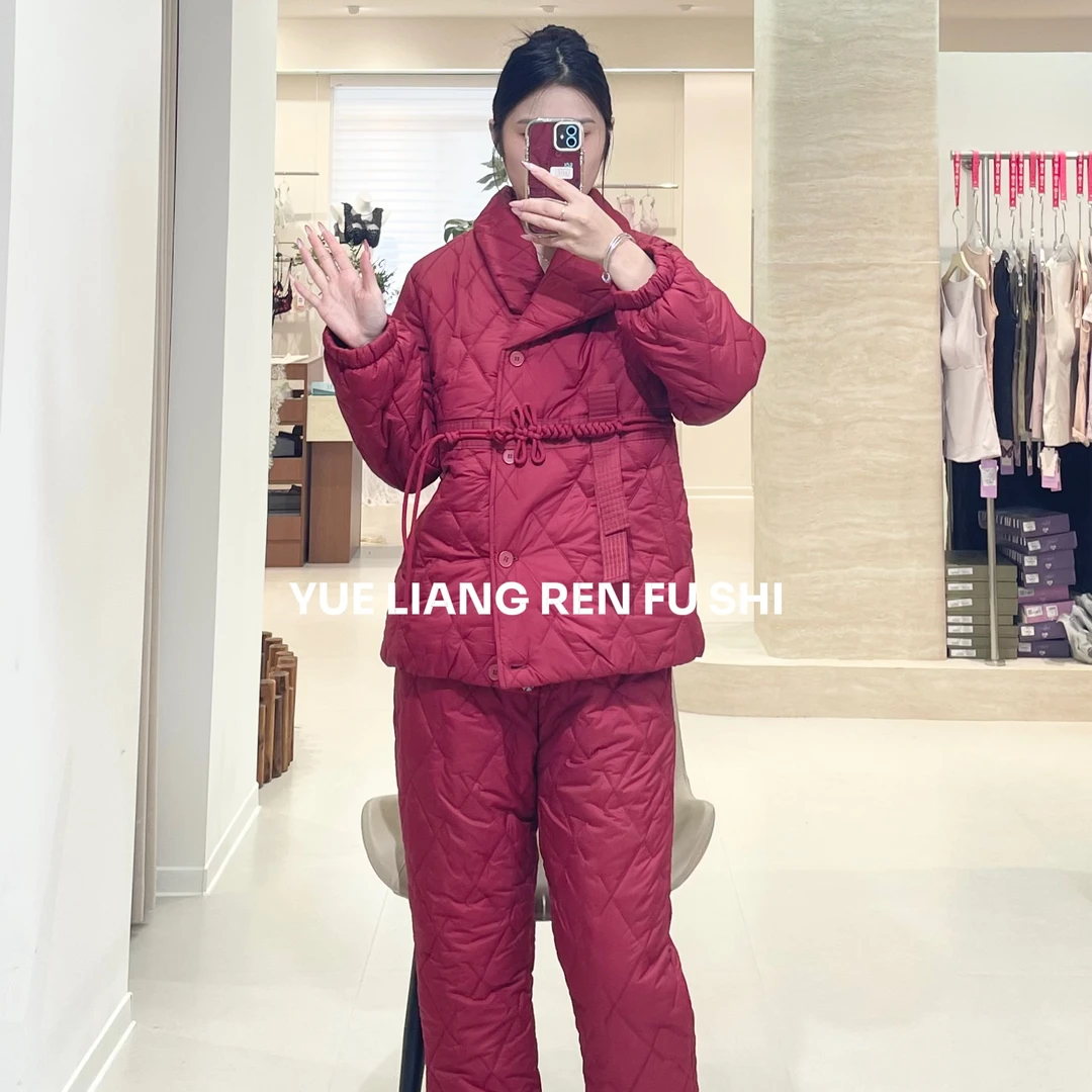 A+冬季加绒加厚夹棉睡衣女中国风翻领保暖可外穿家居服套装CT028