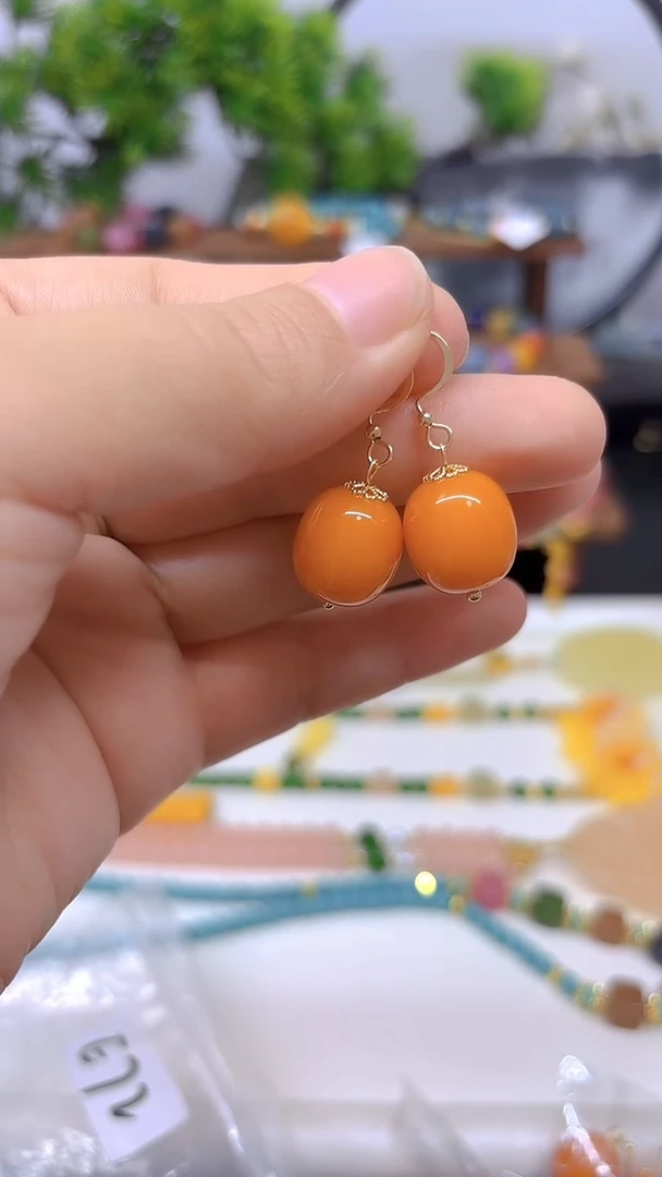 14K金镶嵌蜜蜡耳饰DIY款E72