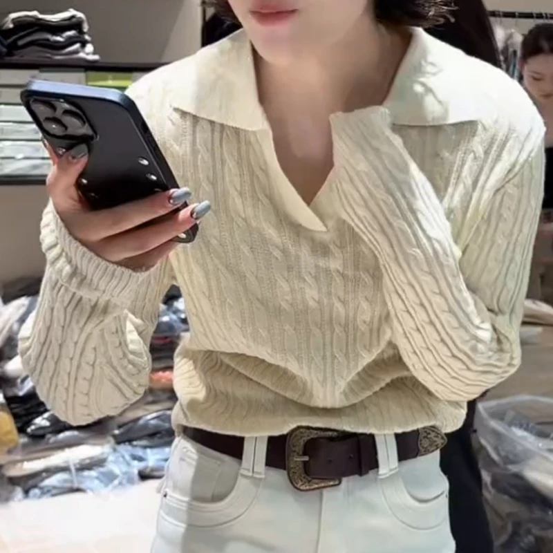 冬季时尚新款百搭显瘦韩系气质翻领老钱风针织polo上衣LK2508963