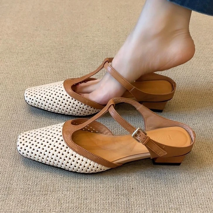 羊皮~复古软底方头拼色T型带编织镂空凉拖鞋女真皮通勤粗跟包头拖