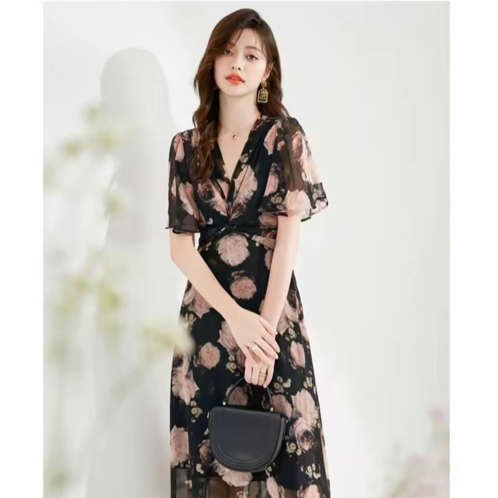 C237 法式时尚V领蕾丝拼接印花显瘦轻熟优雅气质连衣裙JR