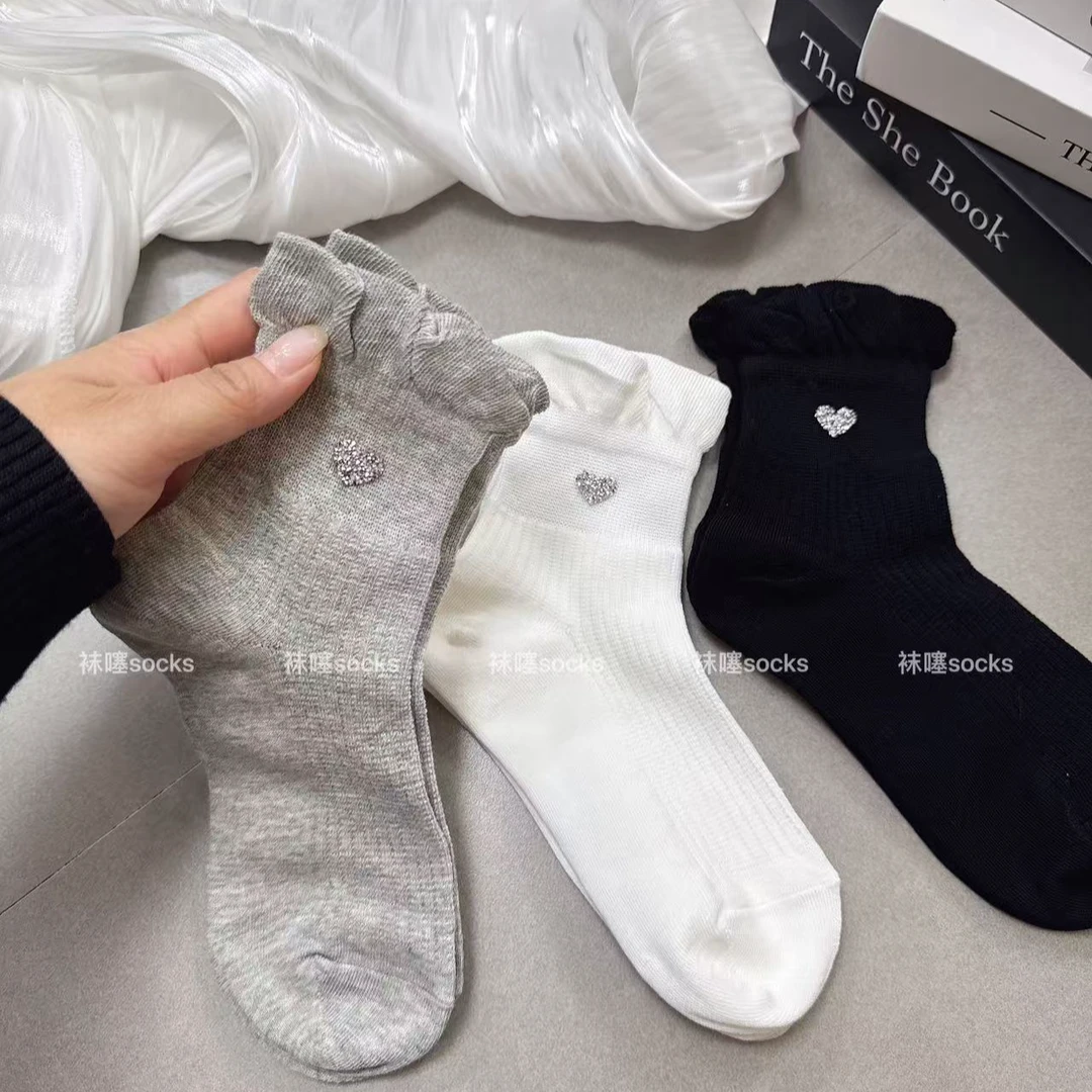 袜子女夏季薄款纯色花边烫钻小爱心日系百搭黑白透气时尚短袜