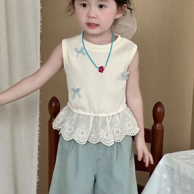 女童套装夏装儿童无袖蝴蝶结背心上衣甜美薄款牛仔阔腿裤两件套潮