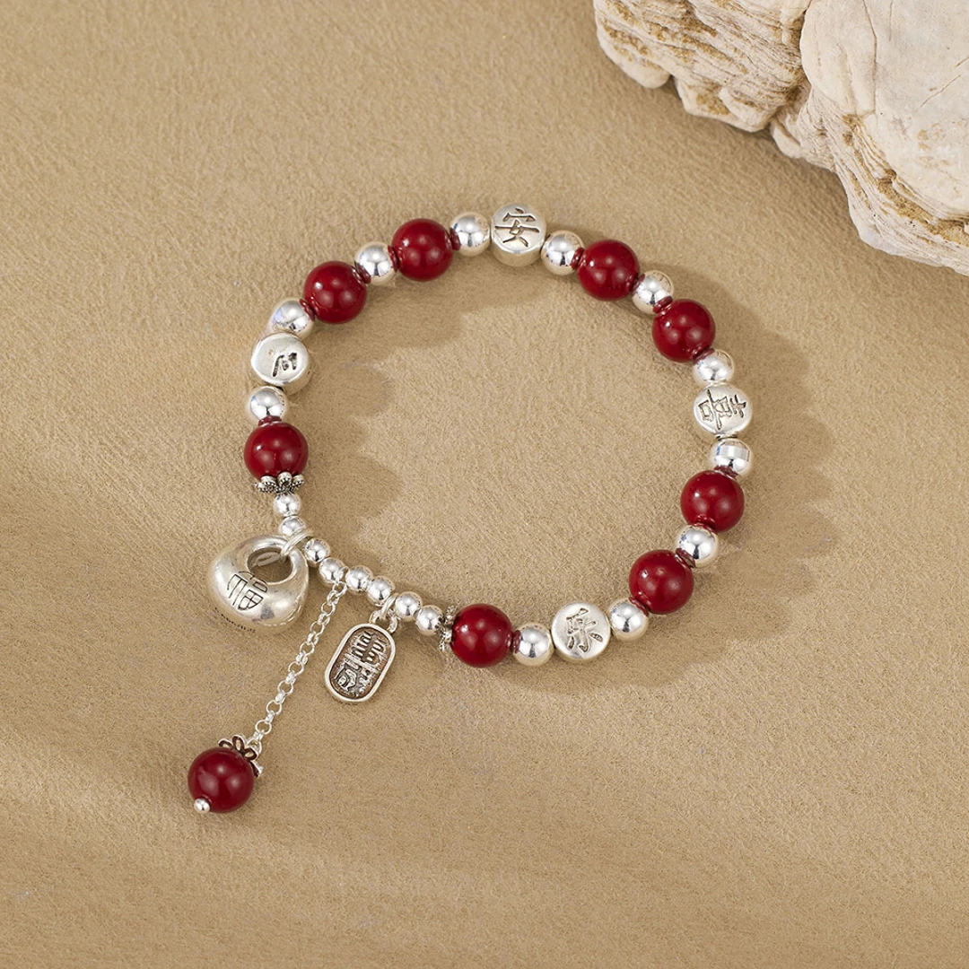 足银手链 新中式平安喜乐朱砂银手串小秤砣平安喜乐手工祈福平