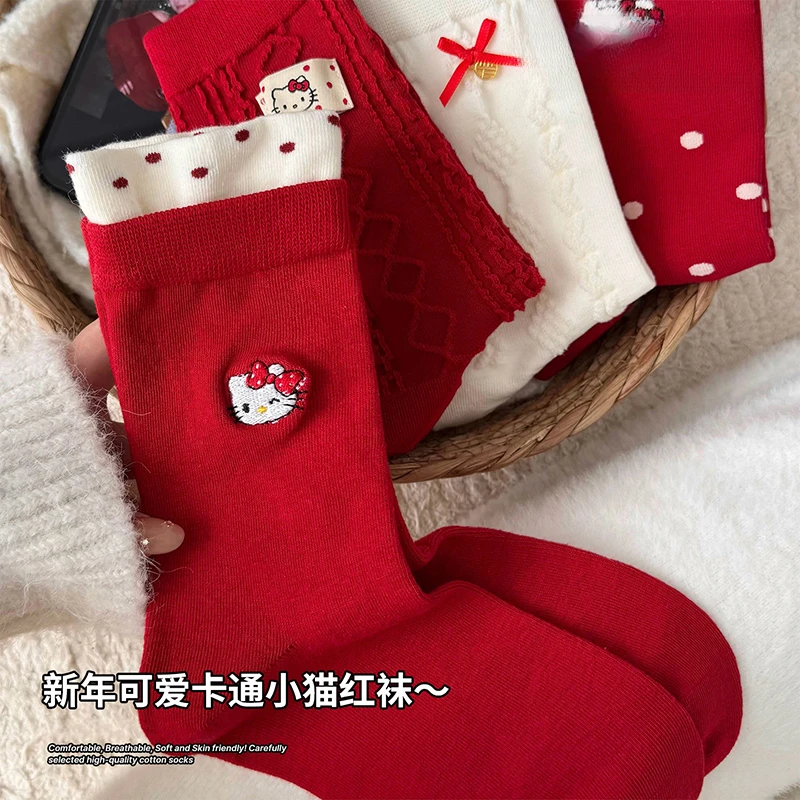 本命年红色袜子女秋冬极卡通可爱凯蒂猫纯棉中筒袜2026新年鸿运袜