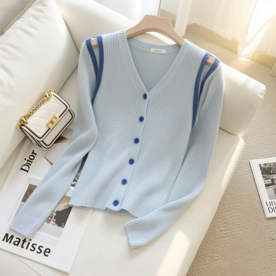 撞色镂空v领针织开衫女2025秋装新款修身显瘦打底衫上衣露肩毛衣