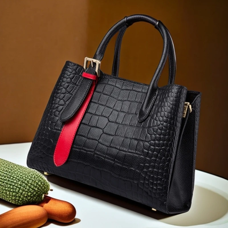 百搭气质女包横款方型通用牛皮手提包夹层拉链袋杀手包真皮鳄鱼纹