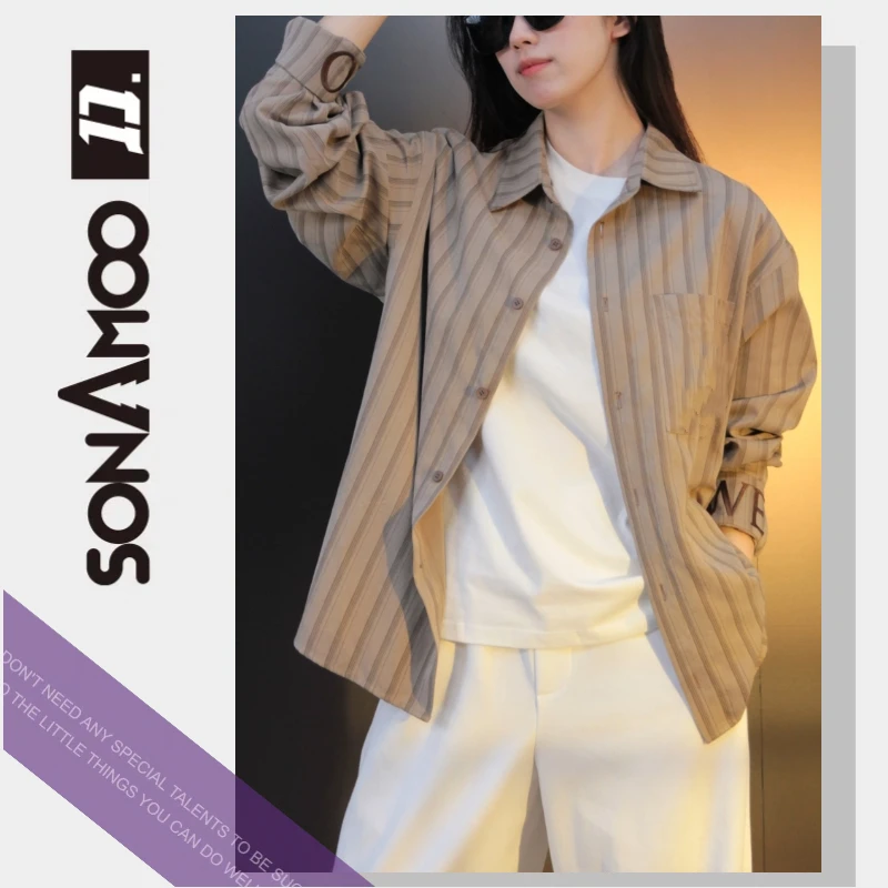 【大璇】竖纹袖口字母花型刺绣时尚长袖衬衫外套D13325