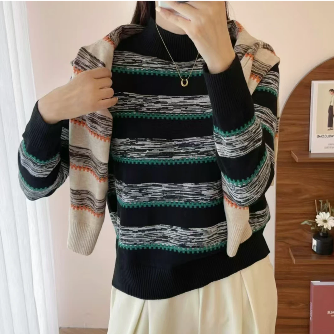 128#新款条纹针织衫半高领长袖套头1 04