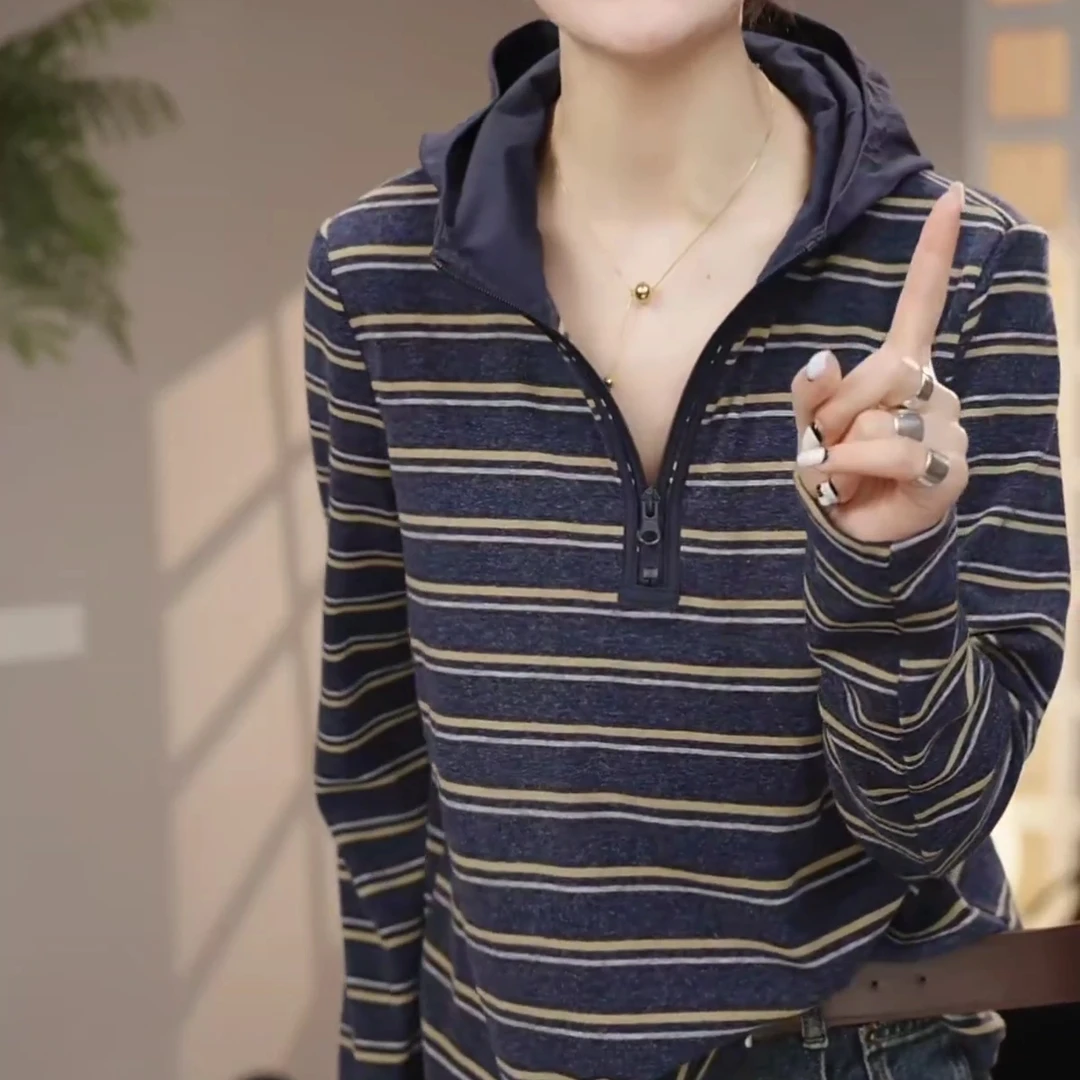 撞色条纹半拉链长袖连帽卫衣女2025秋季新款休闲时尚百搭气质上衣
