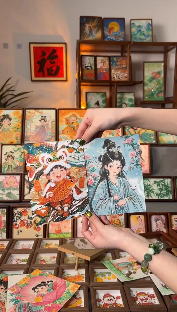 【闪购商品】国画狐狸女孩 锦鲤女孩 手绘国画7寸画芯