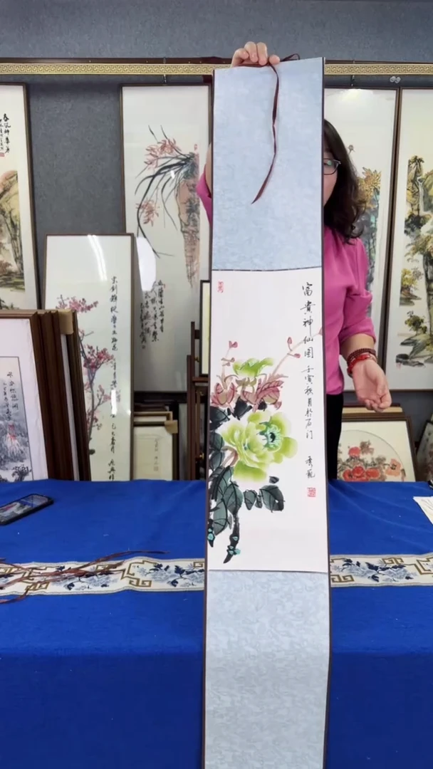 国画手绘牡丹卷轴 20*125